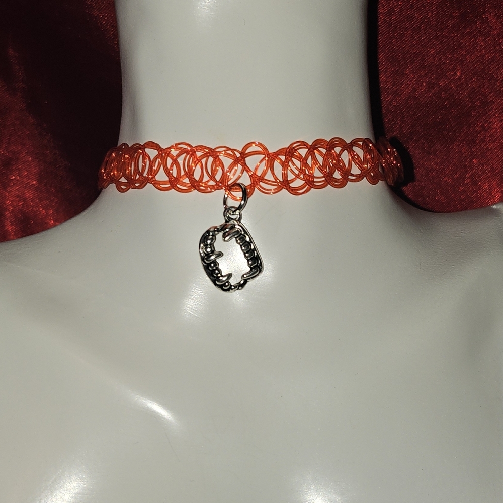 Vampire fang charm choker necklace, Choker charm necklace, Vampire fangs, 80s